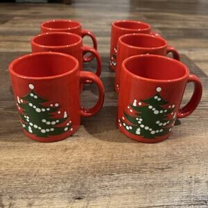 Lot of 6 Waechtersbach Christmas Tree Red Coffee Mugs Holiday Festive READ